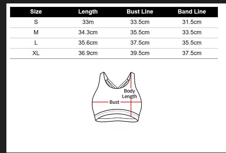 MBC Sports Bra size guide — measurements for S, M, L and XL